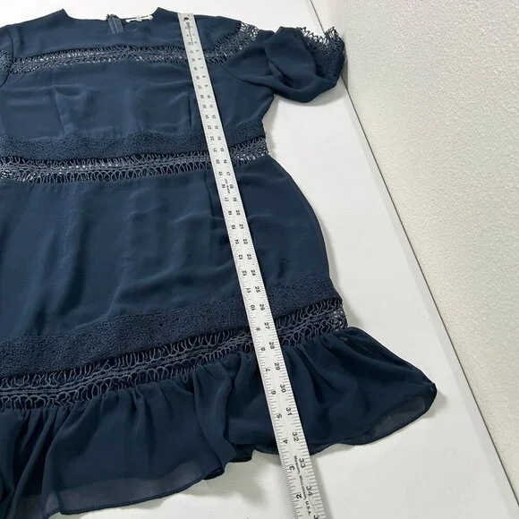 Tularosa Mini Dress Size M Navy Blue Lace Ruffle Trim Lined Elbow Sleeve Zip - Picture 13 of 14